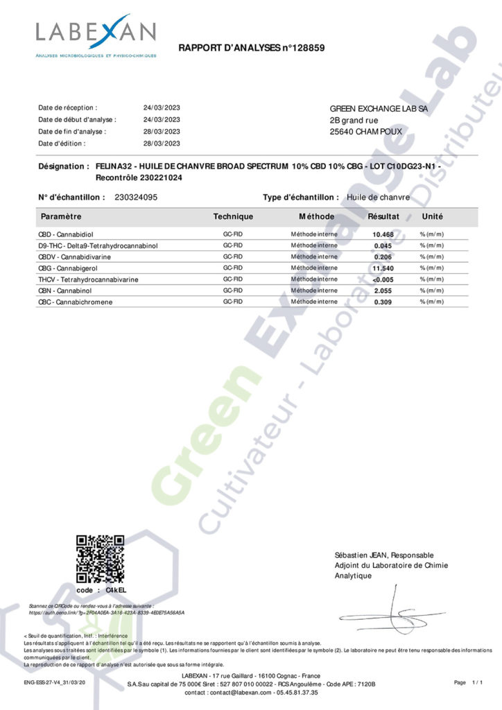 Analyse laboratoire huile broad spectrum CBD CBNG - Nobilis Product