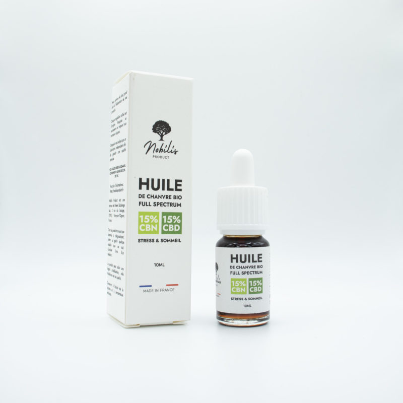 Boite + Flacon huile CBN full spectrum stress et sommeil Nobilis 15% droite