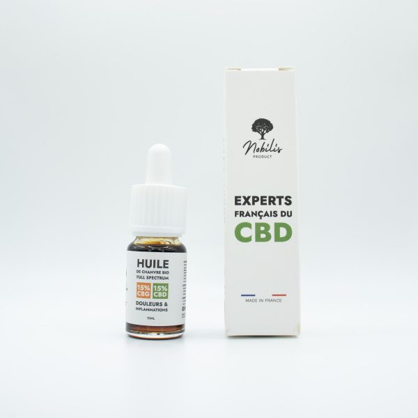Boite + flacon huile CBG CBD full spectrum douleurs et inflammations 15% Nobilis - gauche